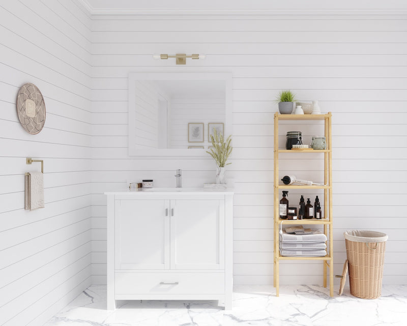 Laviva 313ANG-36W-WQ Wilson 36" White vanity with White Quartz top, wide room view in a bathroom