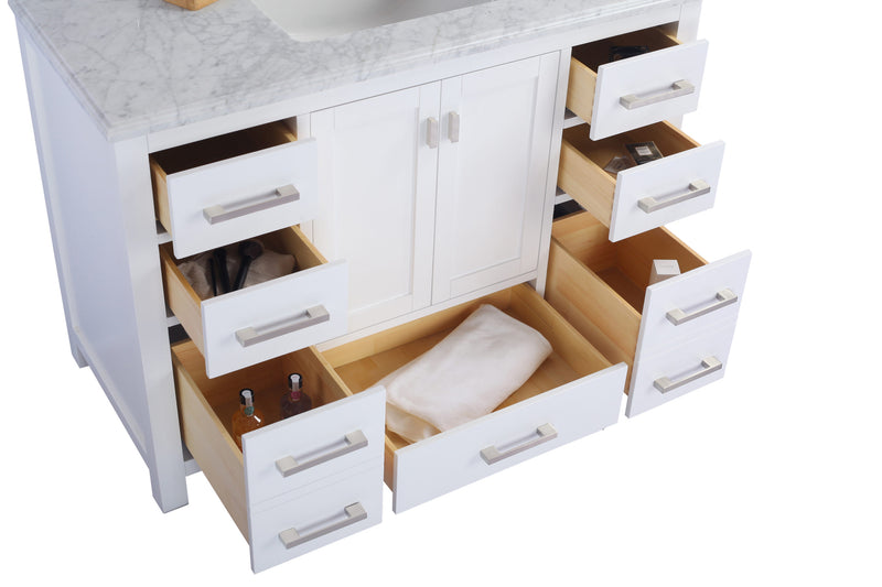 Laviva 313ANG-48W Wilson 48" White vanity cabinet, angled view with doors and drawers open