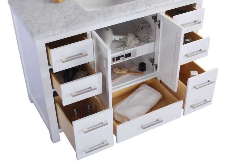 Laviva 313ANG-48W-MW Wilson 48" White vanity with Matte White solid surface top, angled view with doors open showing the