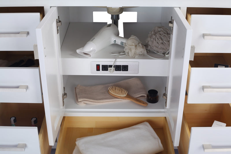Laviva 313ANG-48W-MW Wilson 48" White vanity with Matte White solid surface top, doors open on a white background