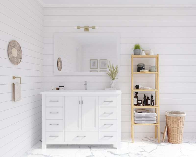 Laviva 313ANG-48W-MW Wilson 48" White vanity with Matte White solid surface top, wide room view in a bathroom