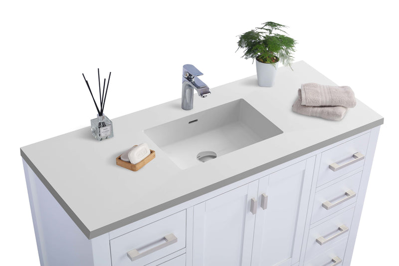 Laviva 313ANG-48W-MW Wilson 48" White vanity with Matte White solid surface top, countertop and sink close-up