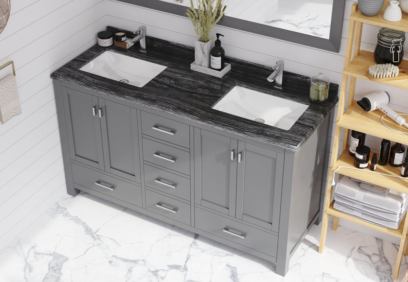 Laviva 313ANG-60G-BW Wilson 60" Grey double vanity with Black Wood marble top, installed in a bathroom