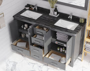 Laviva 313ANG-60G-BW Wilson 60" Grey double vanity with Black Wood marble top, installed in a bathroom with doors and drawer