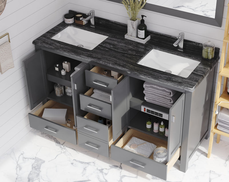 Laviva 313ANG-60G-BW Wilson 60" Grey double vanity with Black Wood marble top, installed in a bathroom with doors and drawer