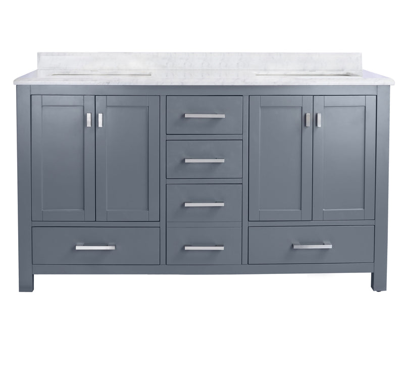 Laviva 313ANG-60G-WC Wilson 60" Grey double vanity with White Carrara marble top, front view on a white background