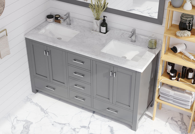 Laviva 313ANG-60G-WC Wilson 60" Grey double vanity with White Carrara marble top, installed in a bathroom