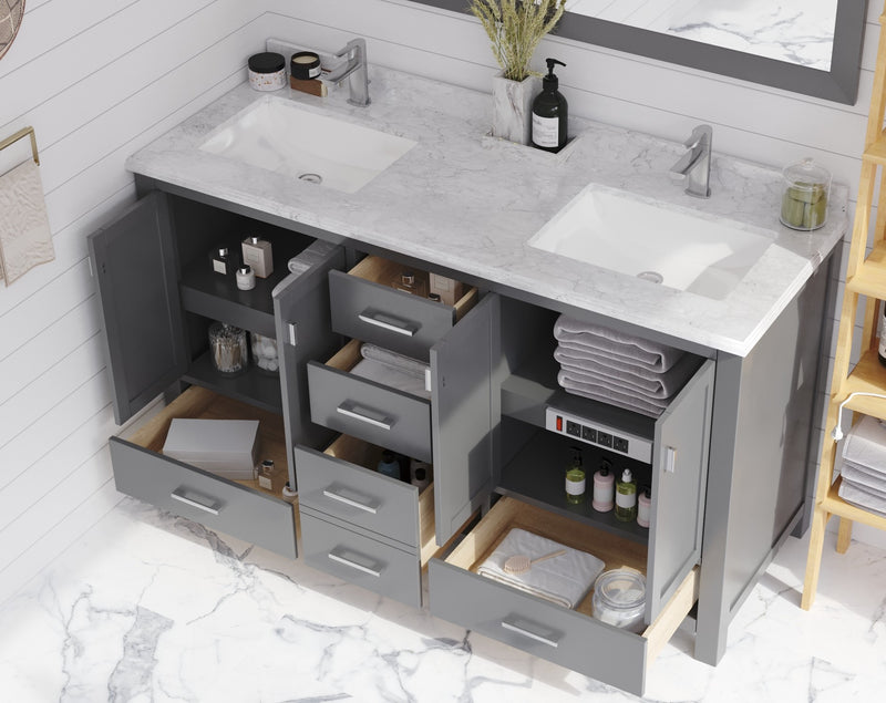 Laviva 313ANG-60G-WC Wilson 60" Grey double vanity with White Carrara marble top, installed in a bathroom with doors and