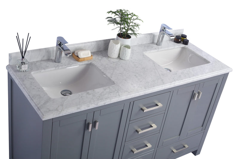 Laviva 313ANG-60G-WC Wilson 60" Grey double vanity with White Carrara marble top, countertop and sink close-up