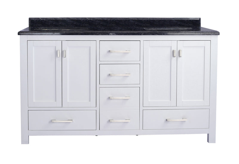 Laviva 313ANG-60W-BW Wilson 60" White double vanity with Black Wood marble top, front view on a white background