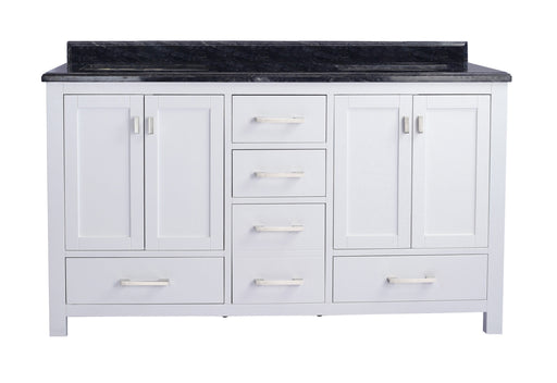 Laviva 313ANG-60W-BW Wilson 60" White double vanity with Black Wood marble top, front view on a white background