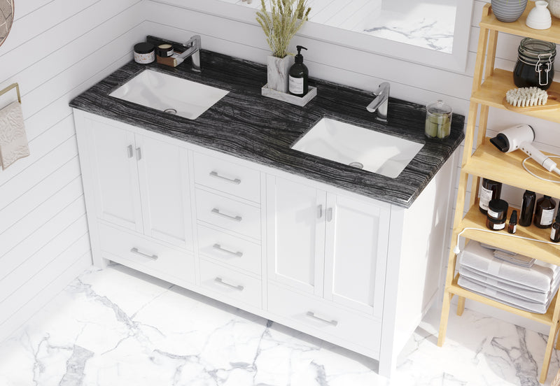 Laviva 313ANG-60W-BW Wilson 60" White double vanity with Black Wood marble top, installed in a bathroom