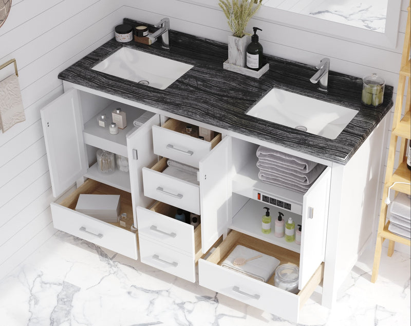 Laviva 313ANG-60W-BW Wilson 60" White double vanity with Black Wood marble top, installed in a bathroom with doors and