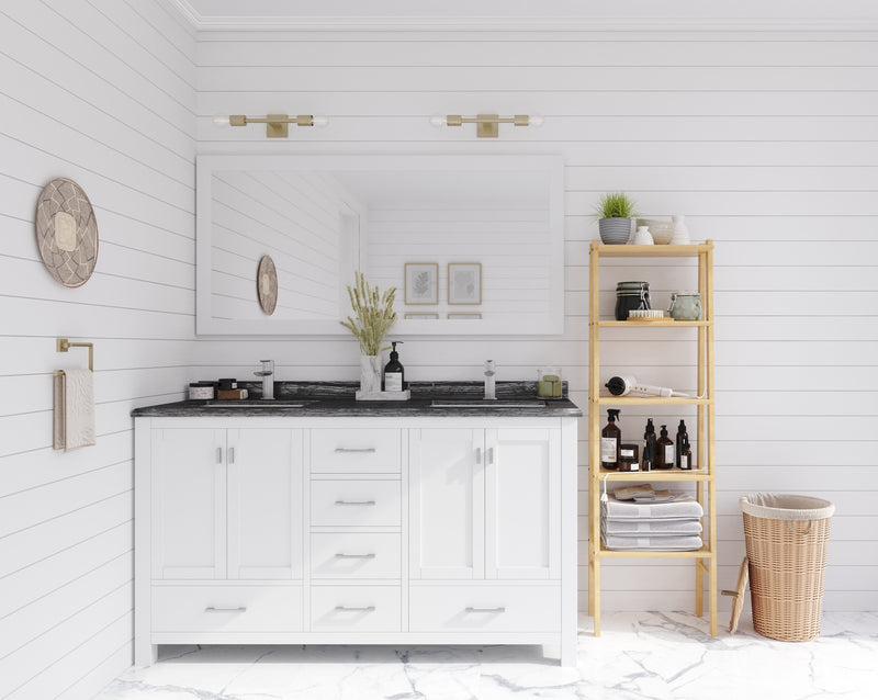 Laviva 313ANG-60W-BW Wilson 60" White double vanity with Black Wood marble top, wide room view in a bathroom