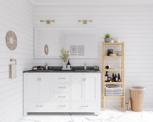 Laviva 313ANG-60W-BW Wilson 60" White double vanity with Black Wood marble top, wide room view in a bathroom