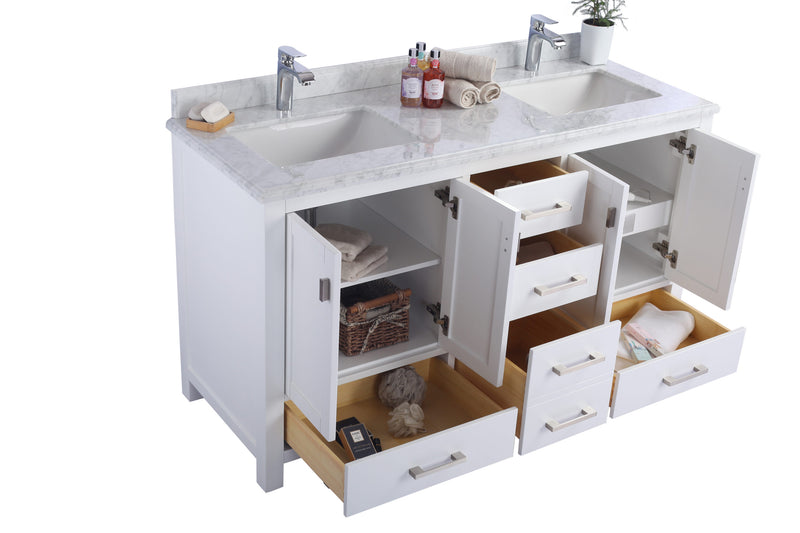 Laviva 313ANG-60W-WC Wilson 60" White double vanity with White Carrara marble top, angled view with doors and drawers open
