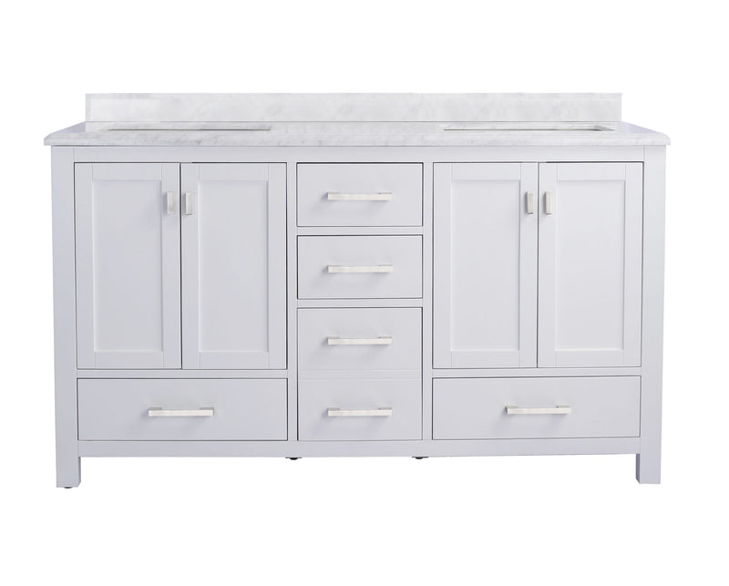 Laviva 313ANG-60W-WC Wilson 60" White double vanity with White Carrara marble top, front view on a white background