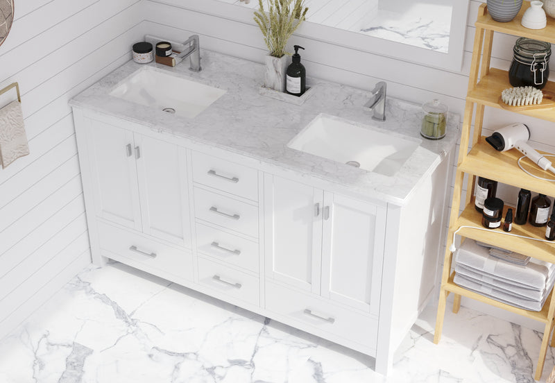 Laviva 313ANG-60W-WC Wilson 60" White double vanity with White Carrara marble top, installed in a bathroom
