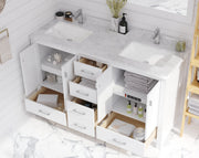 Laviva 313ANG-60W-WC Wilson 60" White double vanity with White Carrara marble top, installed in a bathroom with doors and