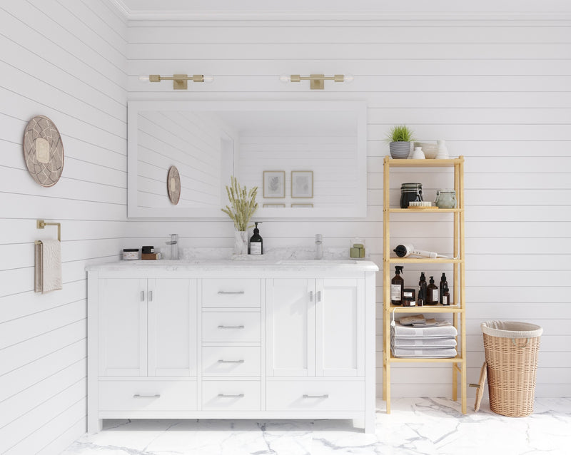 Laviva 313ANG-60W-WC Wilson 60" White double vanity with White Carrara marble top, wide room view in a bathroom