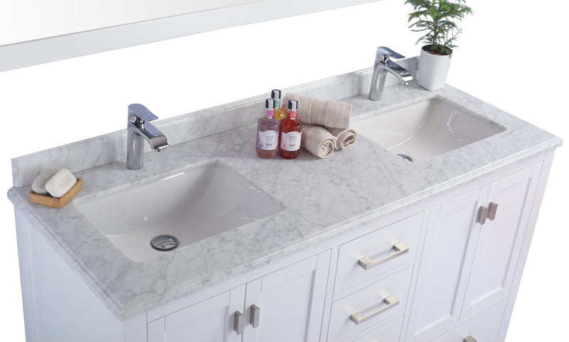 Laviva 313ANG-60W-WC Wilson 60" White double vanity with White Carrara marble top, countertop and sink close-up