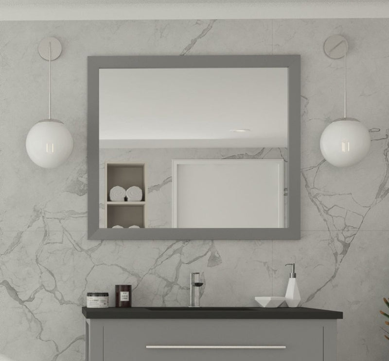 Laviva 313FF-3630MG Sterling 36" Maple Grey mirror, hung above a vanity in a bathroom