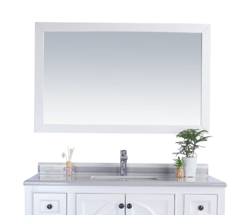 Laviva 313FF-4830SW Sterling 48" Soft White mirror, front view hung above a vanity