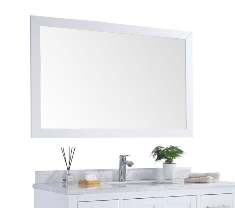 Laviva 313FF-4830W Sterling 48" White mirror, angled view hung above a vanity