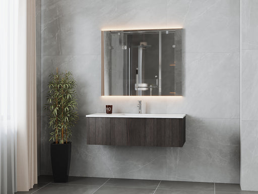 Laviva 313LGN-48CR-MW Legno 48" Carbon Oak vanity with Matte White solid surface top, wall-mounted in a bathroom