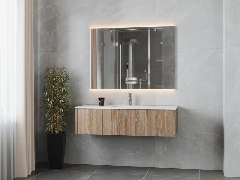 Laviva 313LGN-54WG-MW Legno 54" Weathered Grey vanity with Matte White solid surface top, wall-mounted in a bathroom