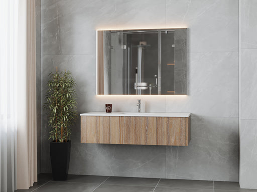 Laviva 313LGN-54WG-MW Legno 54" Weathered Grey vanity with Matte White solid surface top, wall-mounted in a bathroom