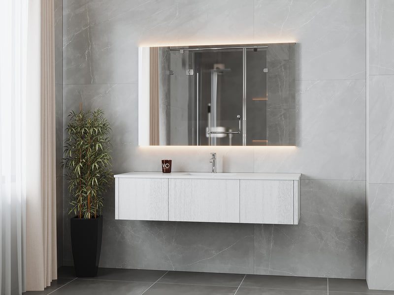 Laviva 313LGN-60CAW-MW Legno 60" Alabaster White vanity with Matte White solid surface top, wall-mounted in a bathroom