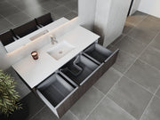 Laviva 313LGN-60CCR-MW Legno 60" Carbon Oak vanity with Matte White solid surface top, angled view with drawers open