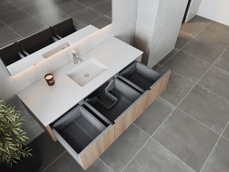 Laviva 313LGN-60CWG-MW Legno 60" Weathered Grey vanity with Matte White solid surface top, angled view with drawers open