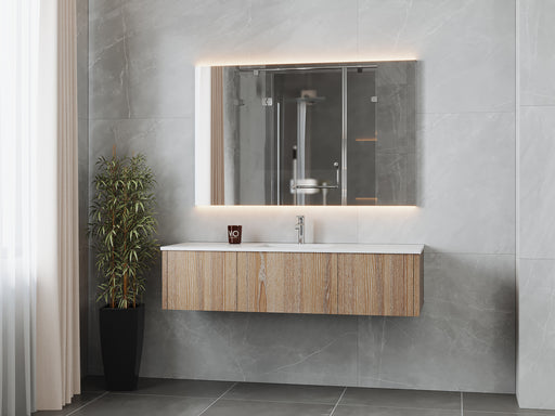 Laviva 313LGN-60CWG-MW Legno 60" Weathered Grey vanity with Matte White solid surface top, wall-mounted in a bathroom