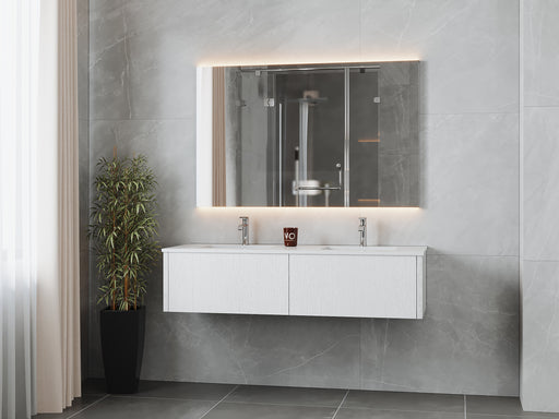 Laviva 313LGN-60DAW-MW Legno 60" Alabaster White double vanity with Matte White solid surface top, wall-mounted in a bathroom