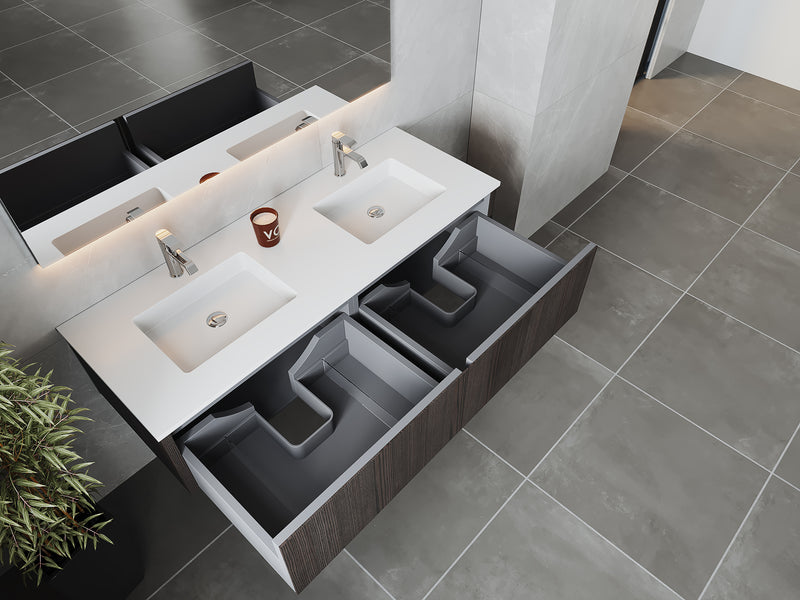 Laviva 313LGN-60DCR-MW Legno 60" Carbon Oak double vanity with Matte White solid surface top, angled view with drawers open