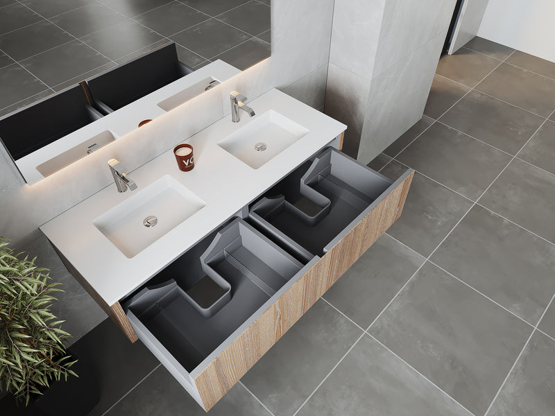 Laviva 313LGN-60DWG-MW Legno 60" Weathered Grey double vanity with Matte White solid surface top, angled view with drawers