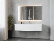 Laviva 313LGN-66AW-MW Legno 66" Alabaster White vanity with Matte White solid surface top, wall-mounted in a bathroom