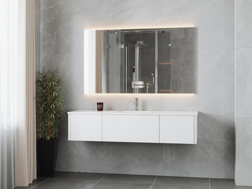 Laviva 313LGN-66AW-MW Legno 66" Alabaster White vanity with Matte White solid surface top, wall-mounted in a bathroom