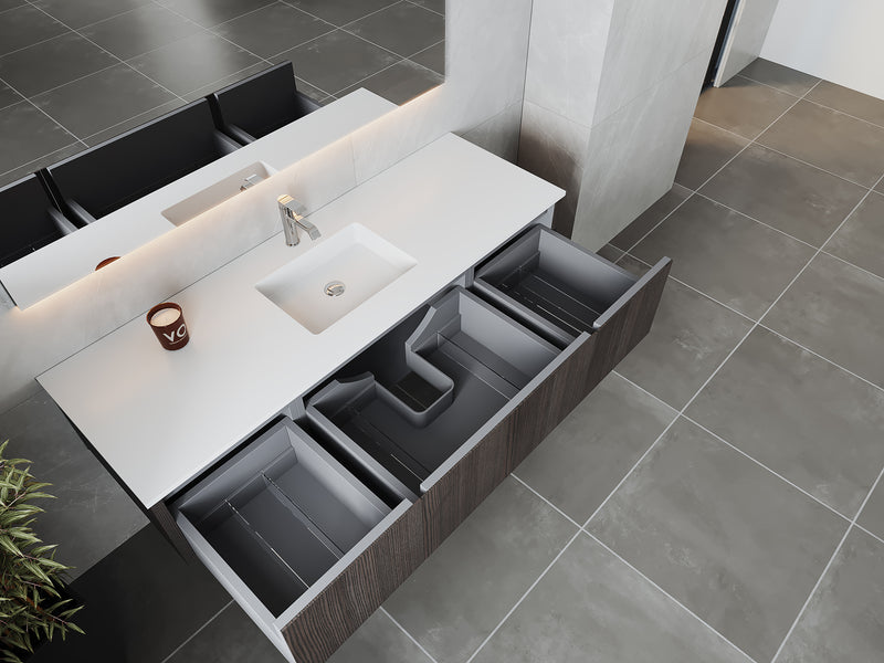Laviva 313LGN-66CR-MW Legno 66" Carbon Oak vanity with Matte White solid surface top, angled view with drawers open