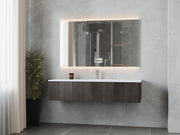 Laviva 313LGN-66CR-MW Legno 66" Carbon Oak vanity with Matte White solid surface top, wall-mounted in a bathroom