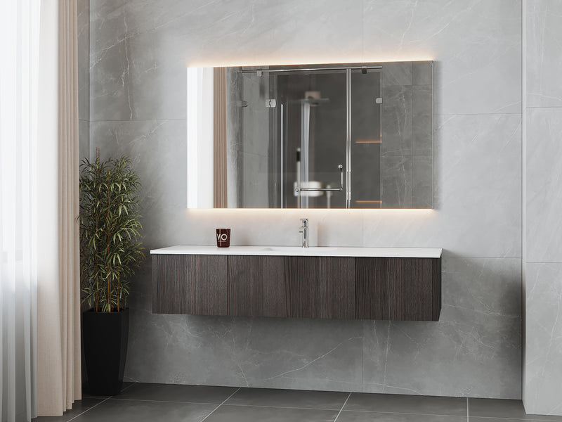 Laviva 313LGN-66CR-MW Legno 66" Carbon Oak vanity with Matte White solid surface top, wall-mounted in a bathroom