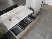 Laviva 313LGN-66WG-MW Legno 66" Weathered Grey vanity with Matte White solid surface top, angled view with drawers open