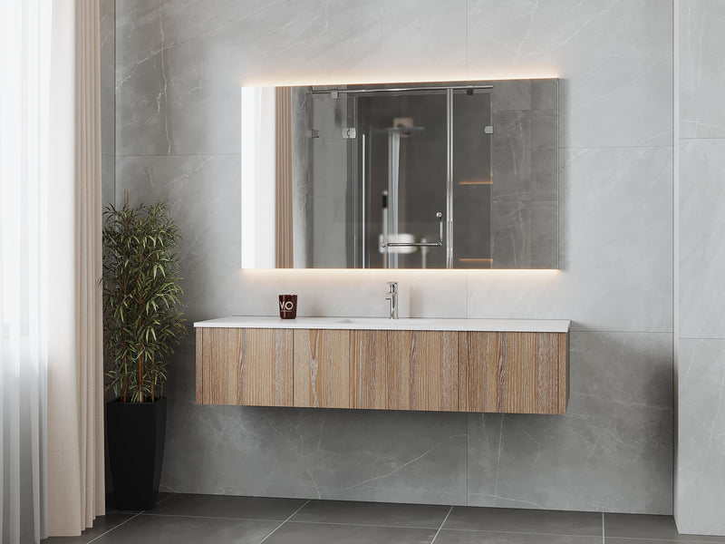 Laviva 313LGN-66WG-MW Legno 66" Weathered Grey vanity with Matte White solid surface top, wall-mounted in a bathroom