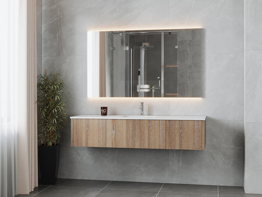 Laviva 313LGN-66WG-MW Legno 66" Weathered Grey vanity with Matte White solid surface top, wall-mounted in a bathroom