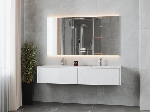 Laviva 313LGN-72DAW-MW Legno 72" Alabaster White double vanity with Matte White solid surface top, wall-mounted in a bathroom