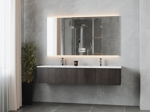 Laviva 313LGN-72DCR-MW Legno 72" Carbon Oak double vanity with Matte White solid surface top, wall-mounted in a bathroom