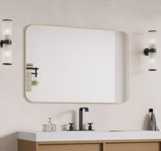 Laviva 313MFLAT-4836SB Latitude 48" x 36" Satin Brass mirror, installed above a vanity