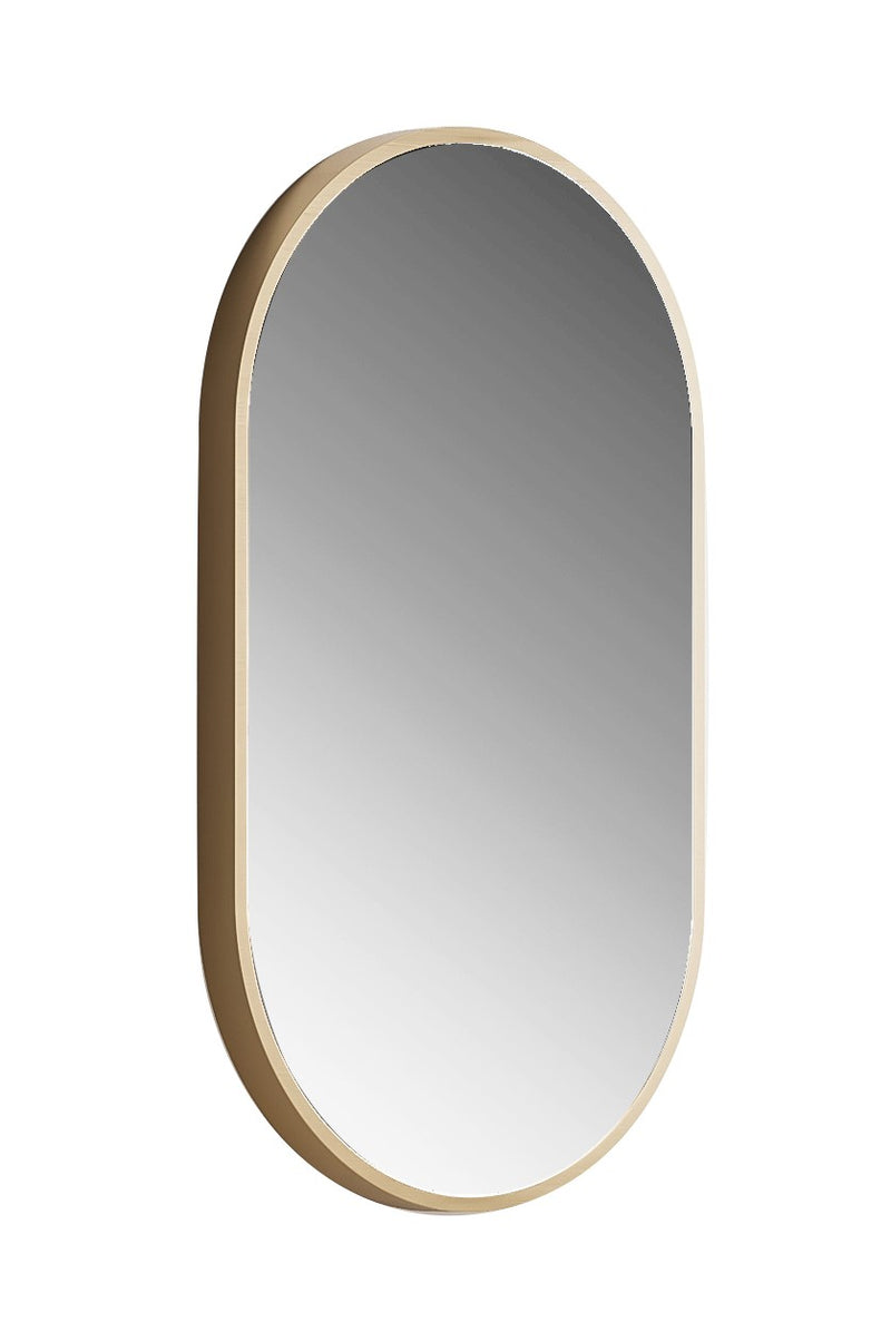 Laviva 313MFPIL-1832SB Pill 18" x 32" Satin Brass mirror, angled view on a white background